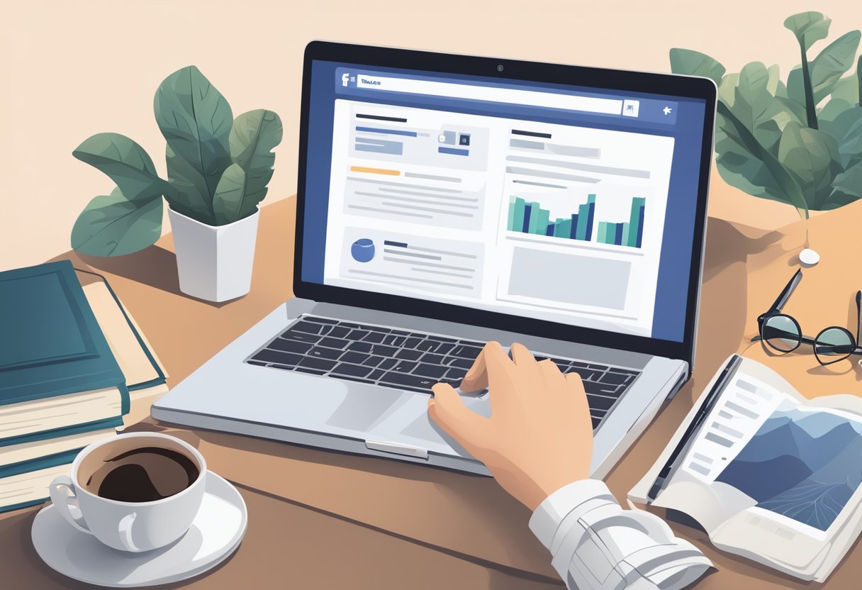 A laptop displaying a Facebook ad campaign for authors, with a book cover and engaging copy, surrounded by marketing analytics and a cup of coffee