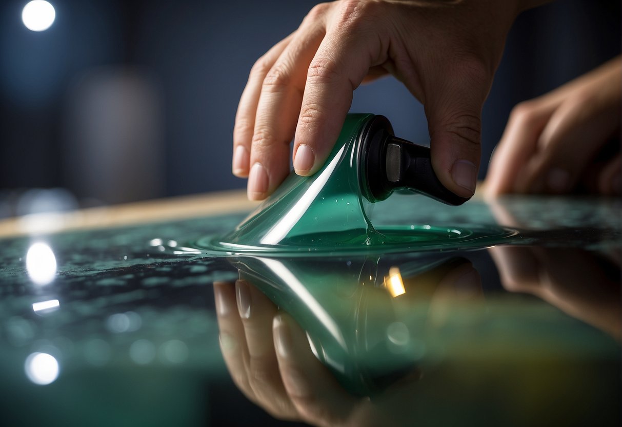 A hand applying spar urethane over epoxy-coated surface