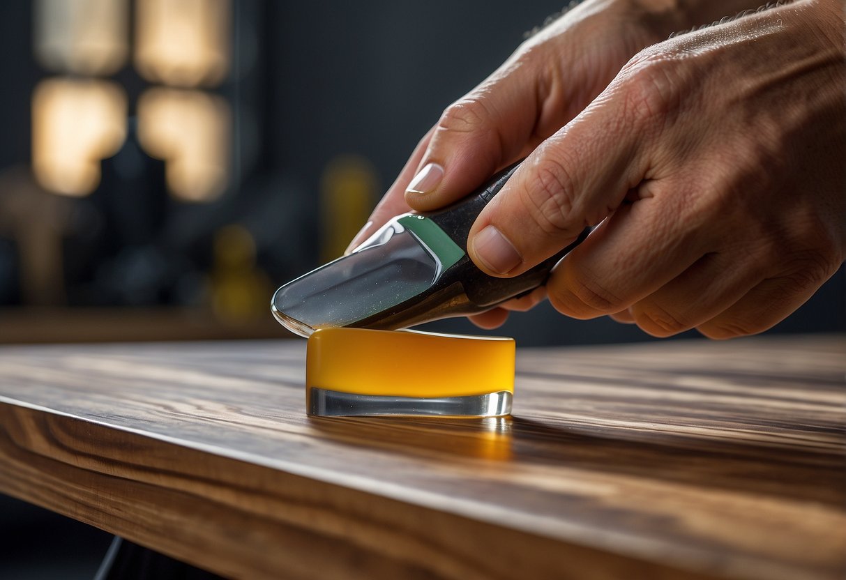 A hand applies spar urethane over cured epoxy on a wooden surface, creating a glossy, protective finish