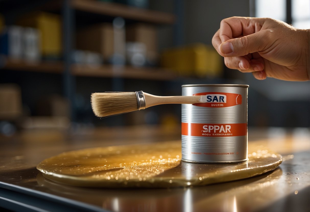 A can of spar urethane being applied over a cured epoxy surface with a brush