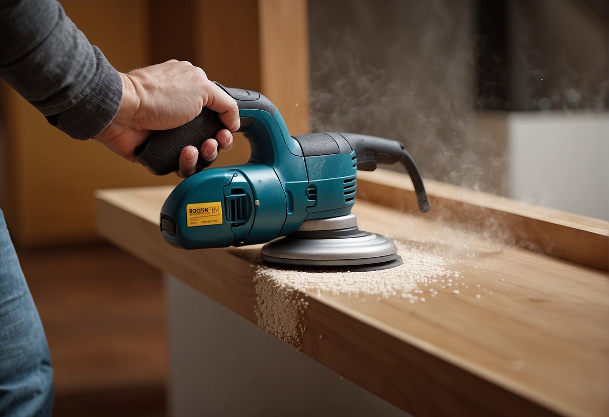An electric sander smooths a door frame, creating dust and a smooth surface