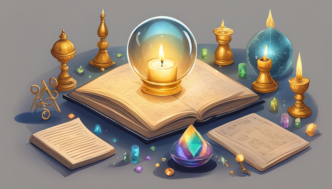 A table with a candle, a book, and a crystal ball surrounded by mystical symbols and numbers