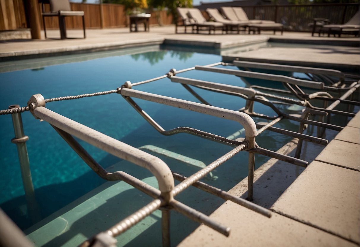 Concrete pool deck with ladder anchors. Drill holes, insert anchors, and secure with bolts. Ensure proper alignment and levelness for safety