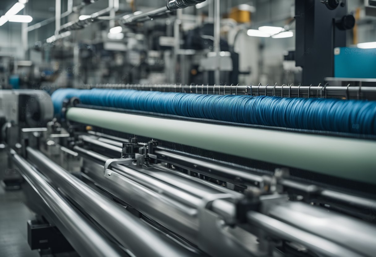 Machines weaving and stretching elastane and spandex fibers in a modern factory setting, showcasing the latest manufacturing and technological advancements