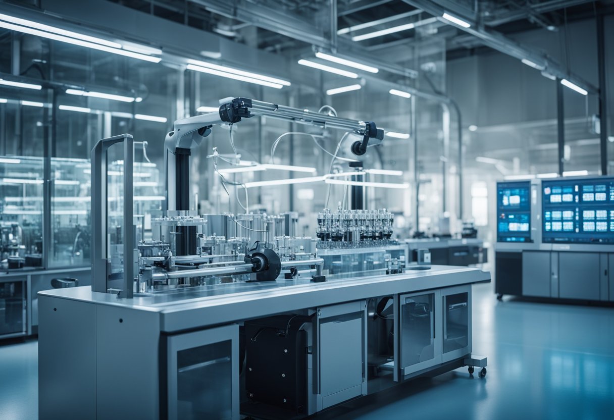 A futuristic laboratory with advanced machinery producing elastane and spandex fibers. Bright lights and sleek, modern equipment fill the space