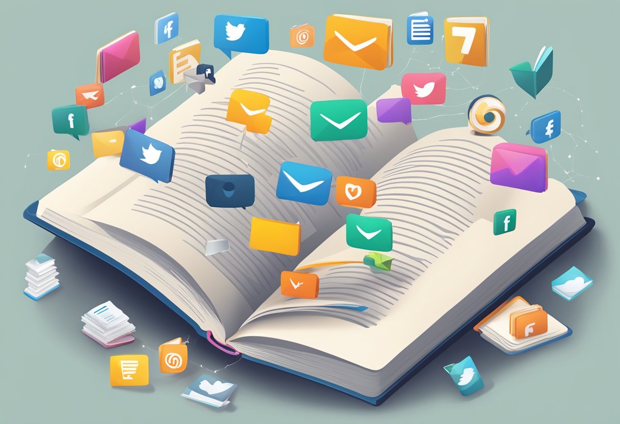 A book surrounded by social media icons, email newsletters, and promotional materials to represent book marketing services