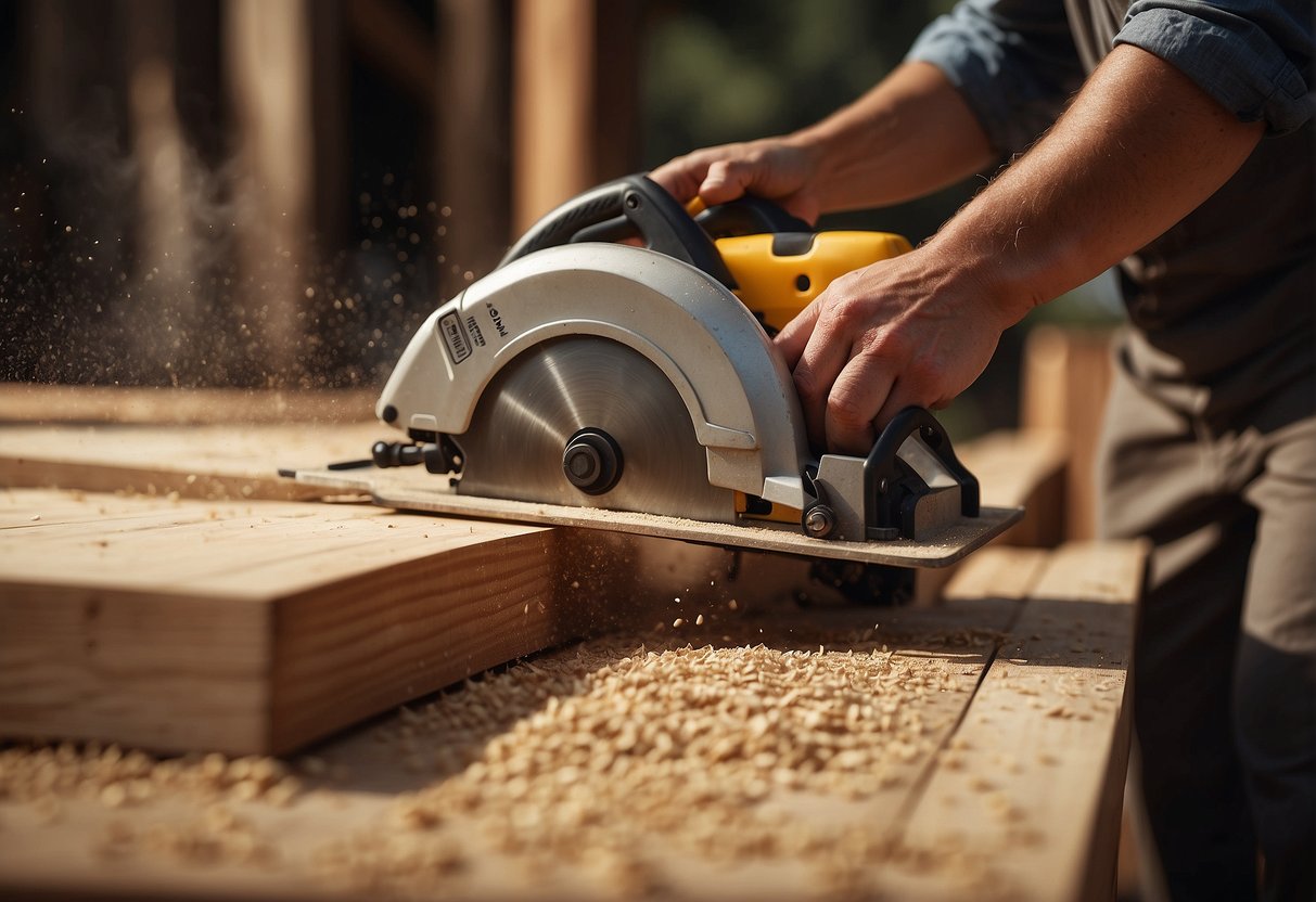 Wooden boards being cut with a saw, sawdust flying, and a person holding the boards in place