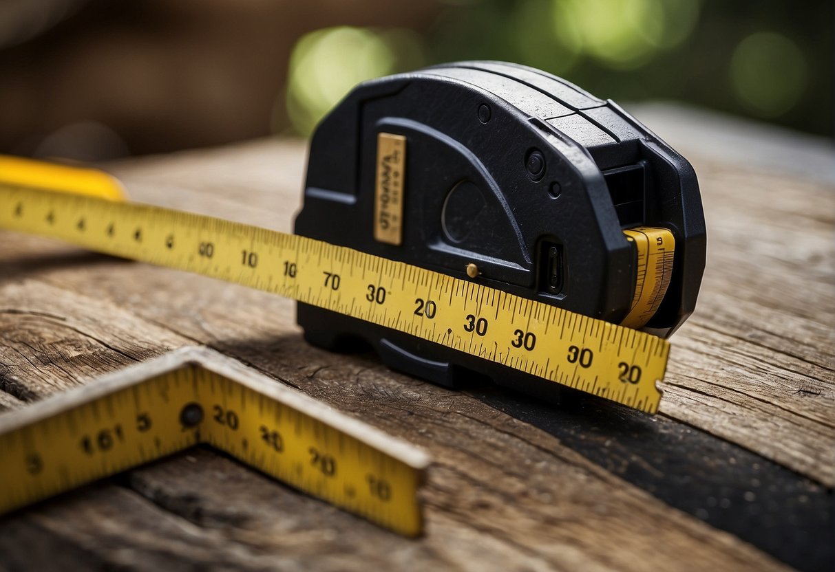 A tape measure lies across a piece of wood, while a pencil marks the measurement. A saw sits nearby, ready for use