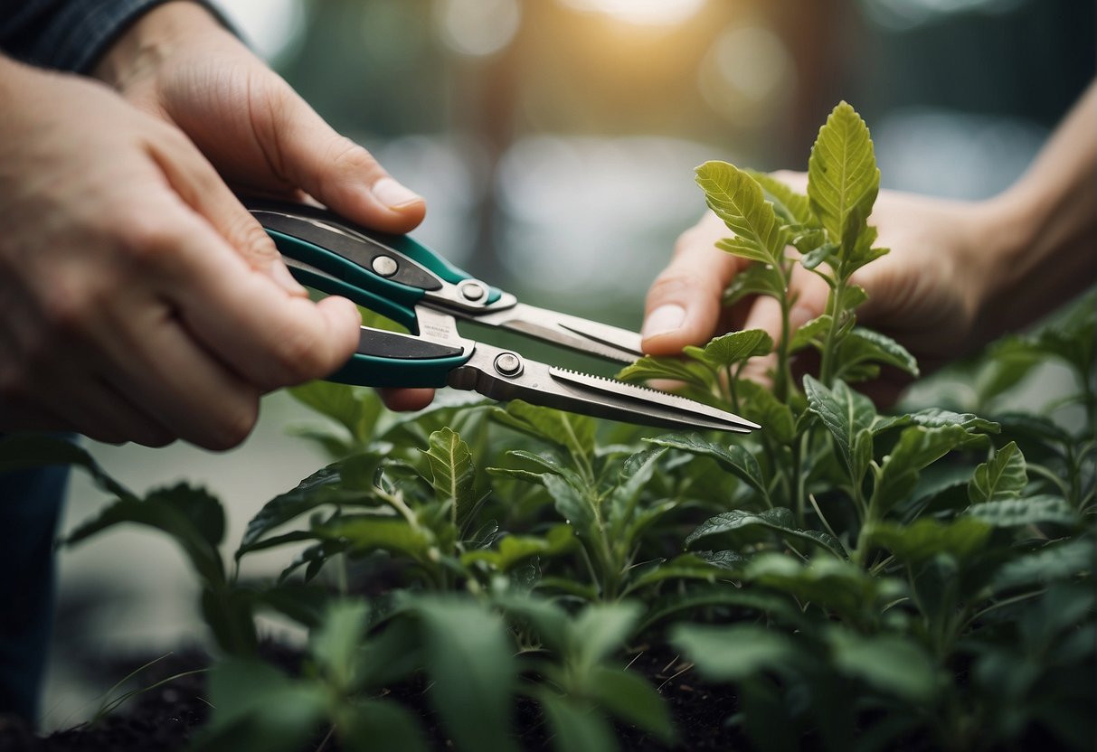 A hand holding scissors trims a plant without using a nail gun