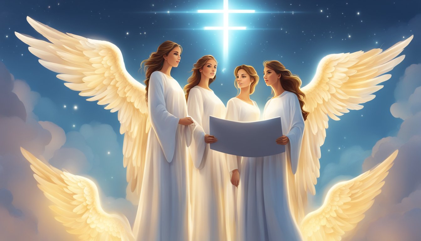 A group of angels holding a banner with the number 441 surrounded by glowing light, symbolizing divine communication and guidance
