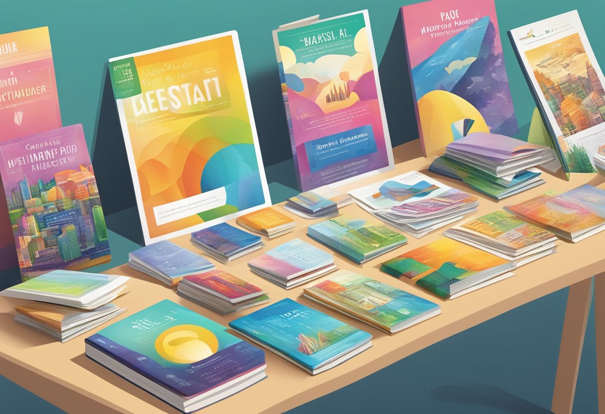 A colorful array of promotional materials, including flyers, bookmarks, and posters, are strategically displayed on a table at a book fair