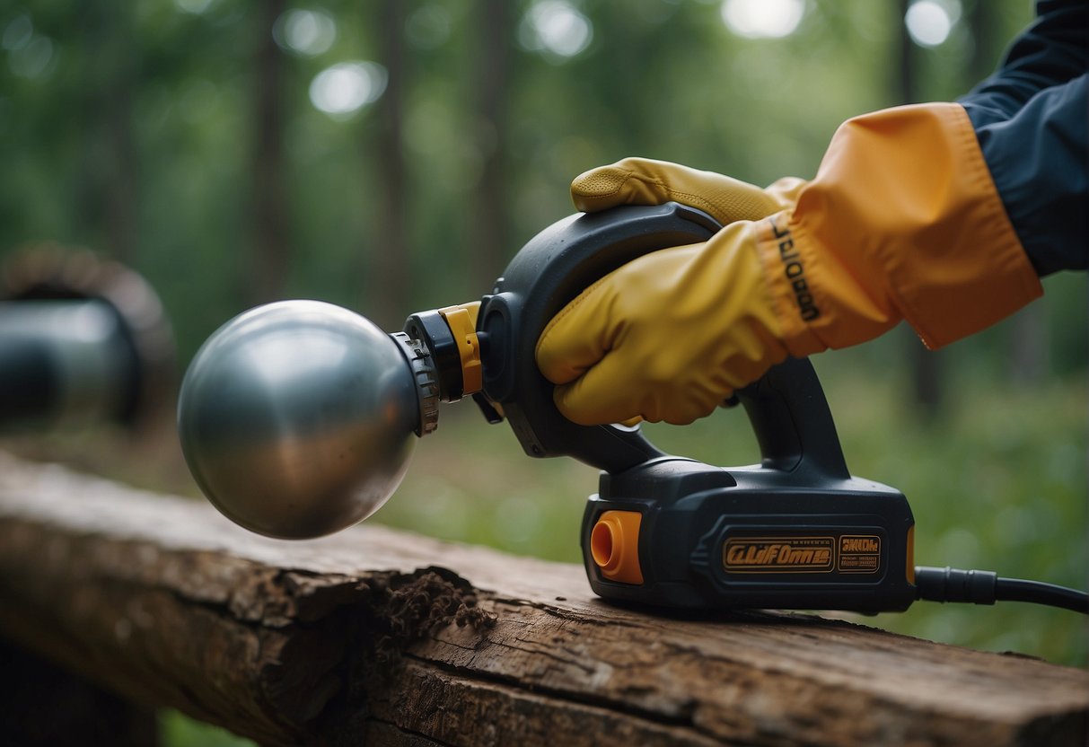 A gloved hand presses the primer bulb, flips the on switch, and pulls the recoil starter to start the chainsaw without a pull cord
