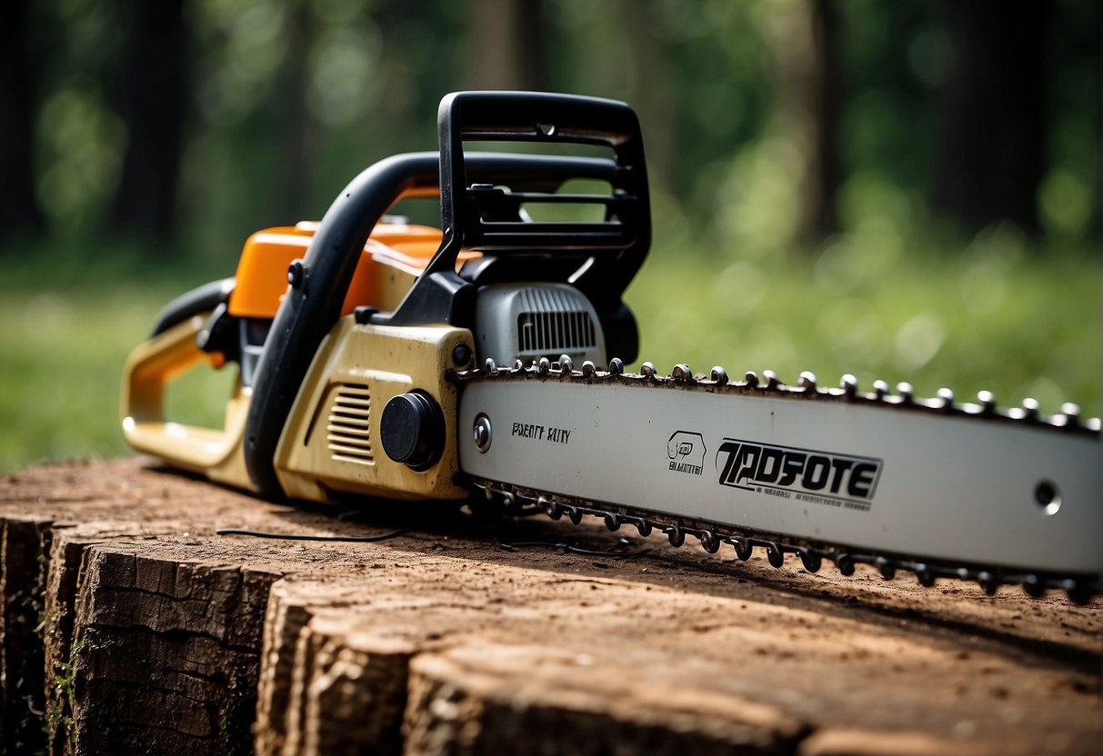 A chainsaw resting on a flat surface, with the choke and throttle in the correct positions. A fuel cap tightly closed, and the chain brake engaged