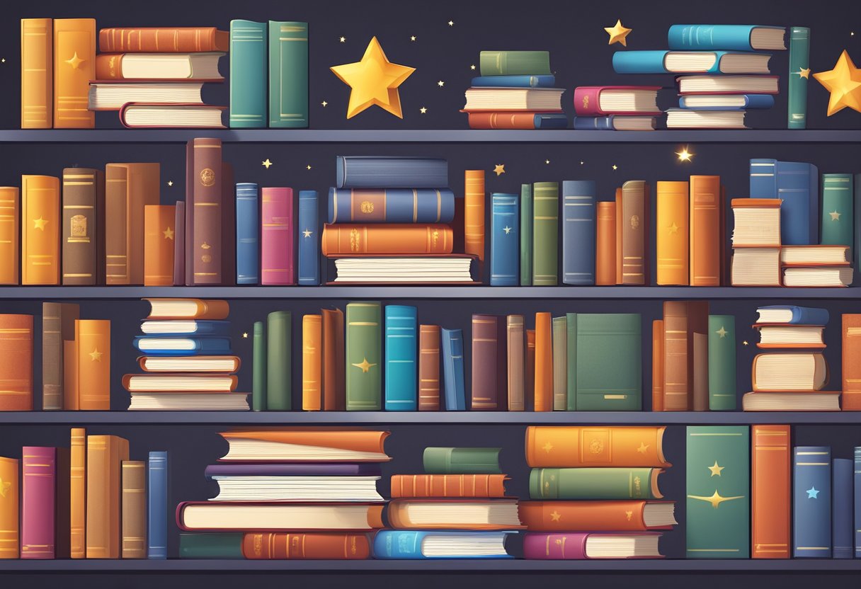 Books arranged in a visually appealing display with glowing reviews and star ratings. Social media icons and marketing materials surrounding the books