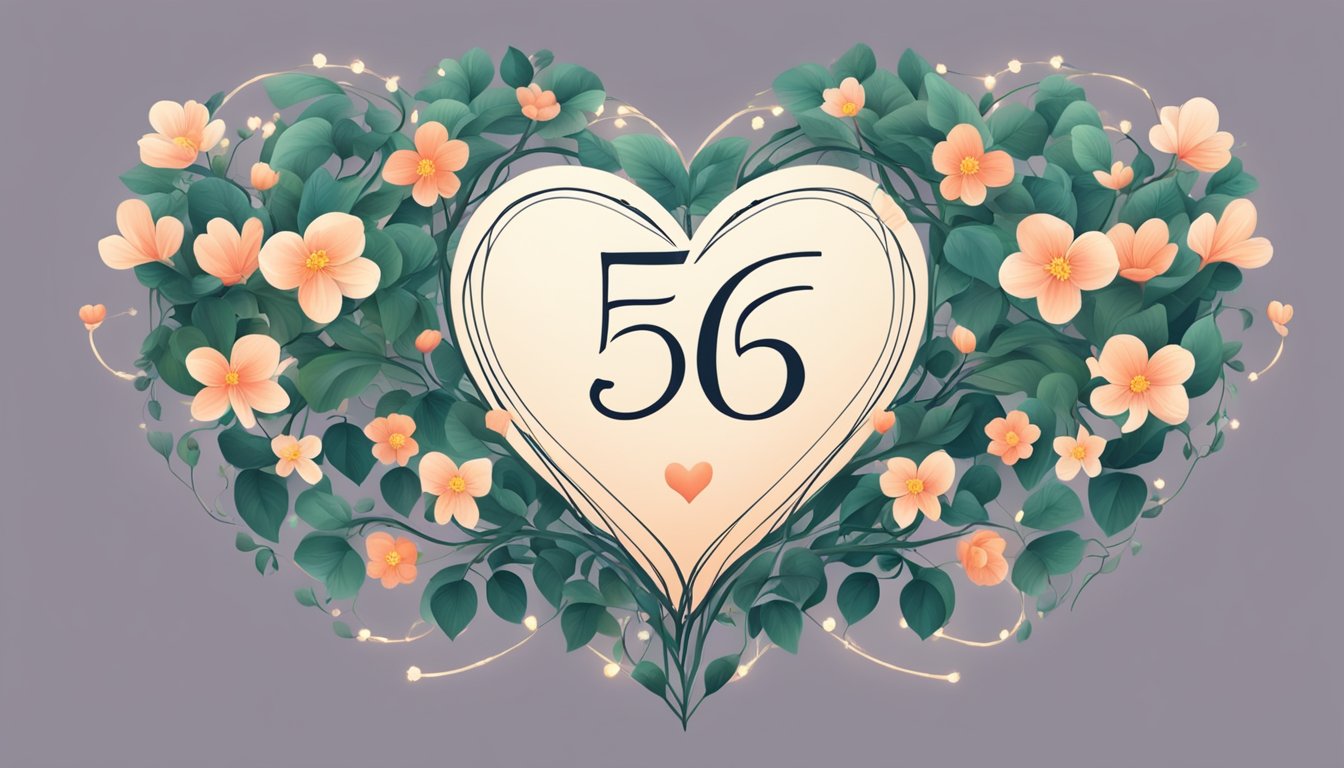 A heart-shaped symbol with the number 5656 radiates love and connection, surrounded by intertwining vines and blossoming flowers