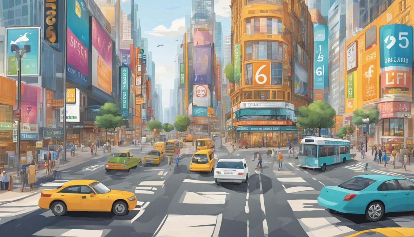 A bustling city street with 5656 signs and symbols integrated into everyday life, from billboards to storefronts, illustrating the impact of 5656 on daily life