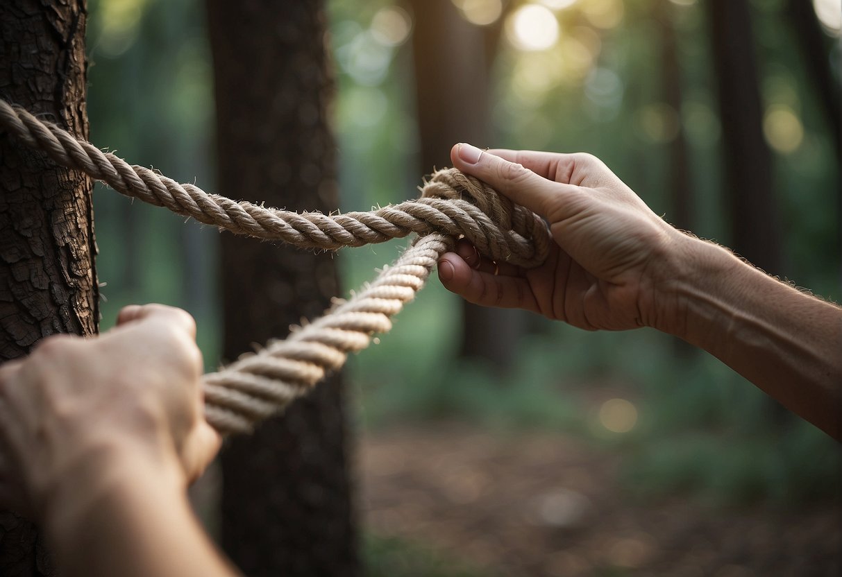A hand holding a rope saw, pulling it straight and steady through a tree branch without twisting or bending