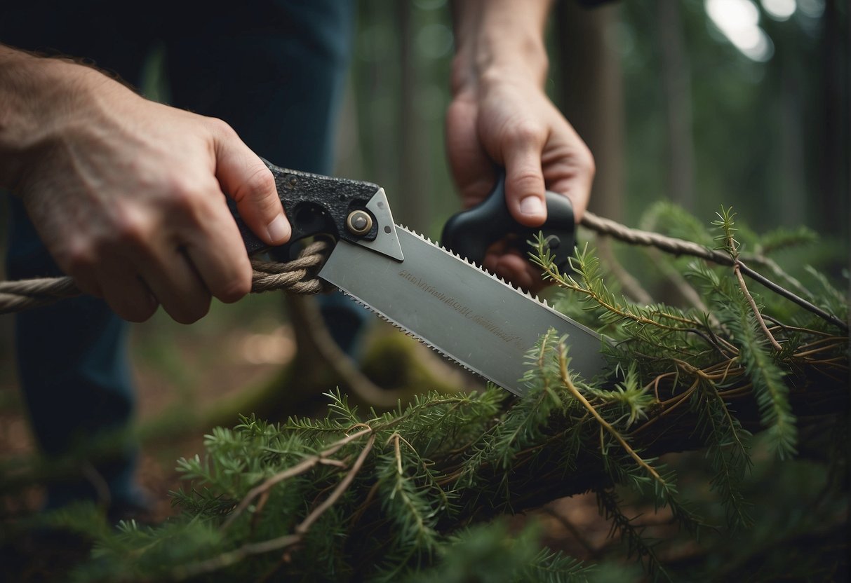 A hand holds a rope saw, carefully maneuvering it through a tangle of branches. The saw moves smoothly, avoiding getting stuck