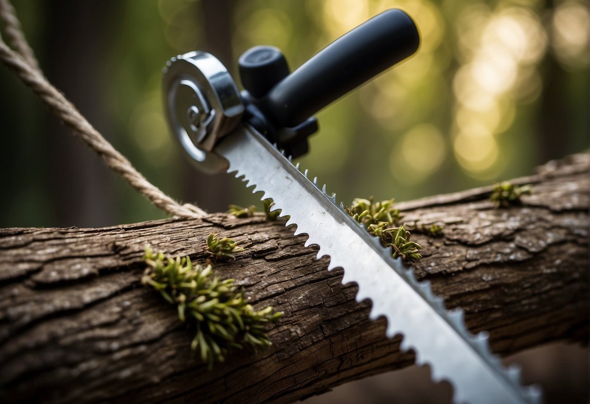 A rope saw smoothly slices through a thick branch without getting stuck. The saw's teeth efficiently bite into the wood, creating clean and precise cuts
