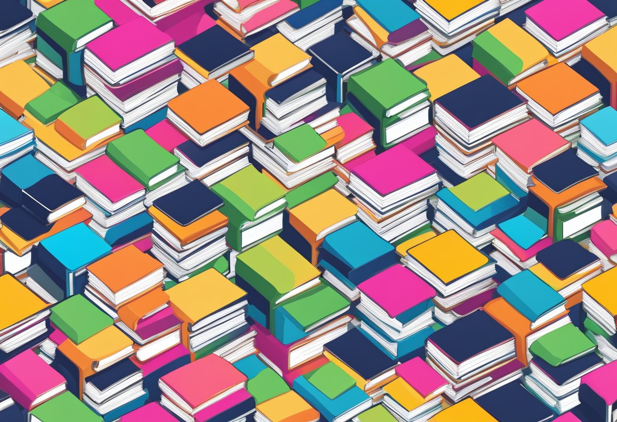 A stack of colorful young adult books surrounded by social media icons and marketing materials