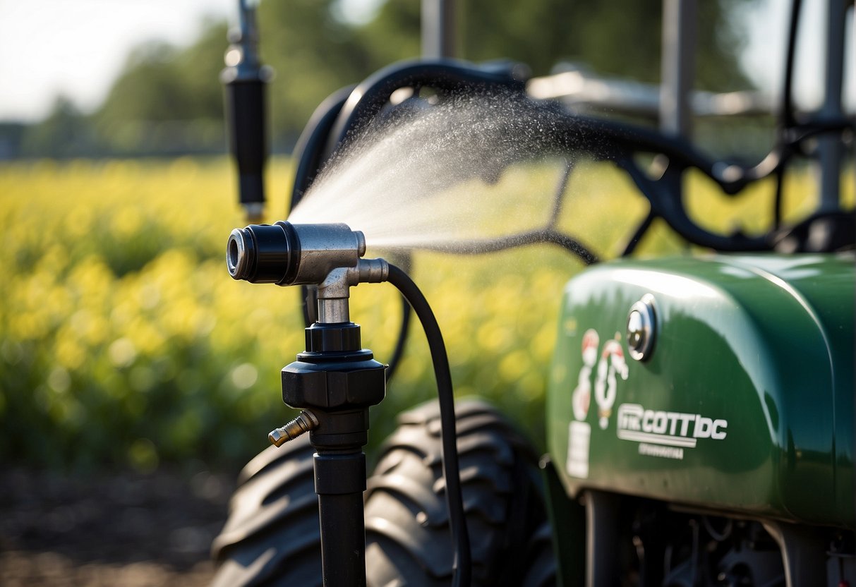 A boomless spray nozzle is mounted on the back of a tractor, secured with bolts and connected to the pump and hoses