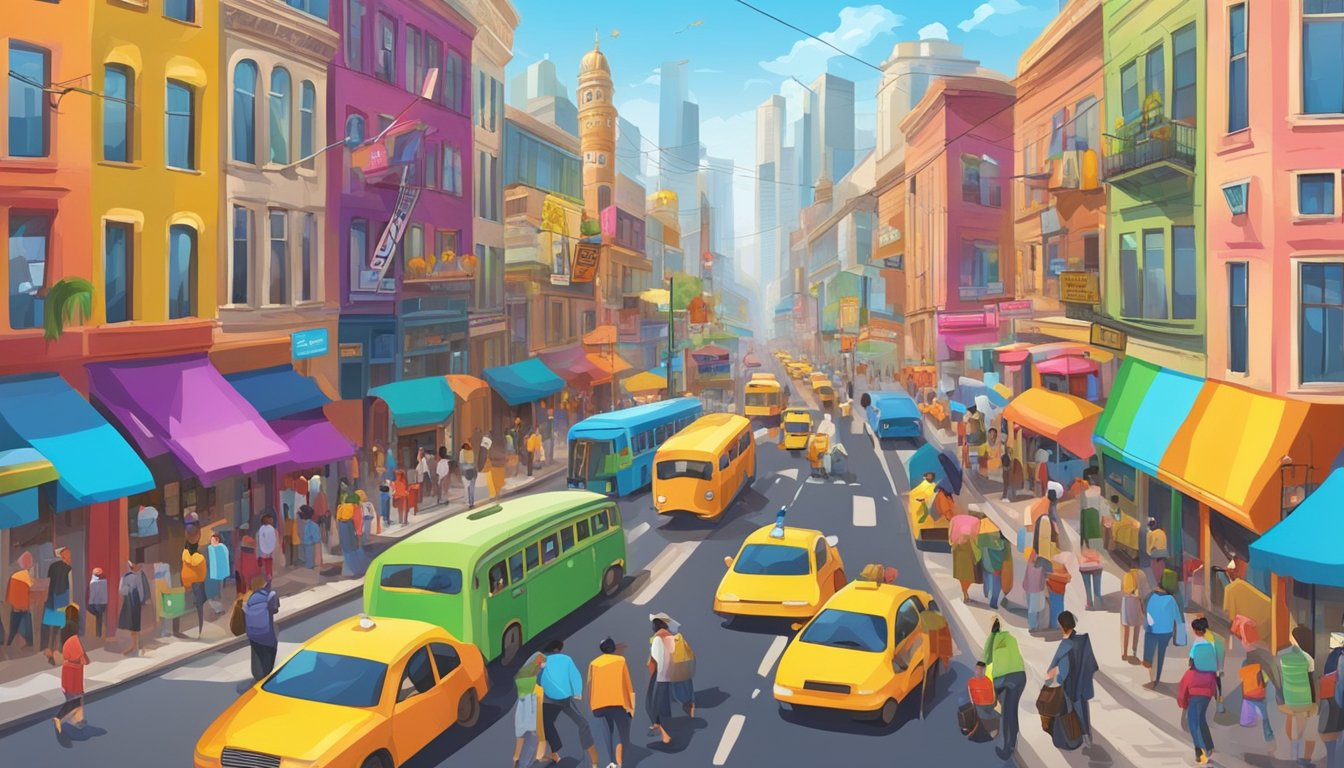 A bustling city street with colorful signs, bustling crowds, and various forms of transportation, capturing the vibrant energy of everyday life
