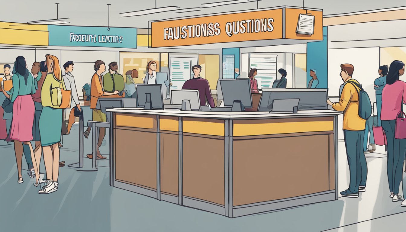 A large, bold "Frequently Asked Questions 14 Significado" sign hanging above a busy information desk in a bustling public space
