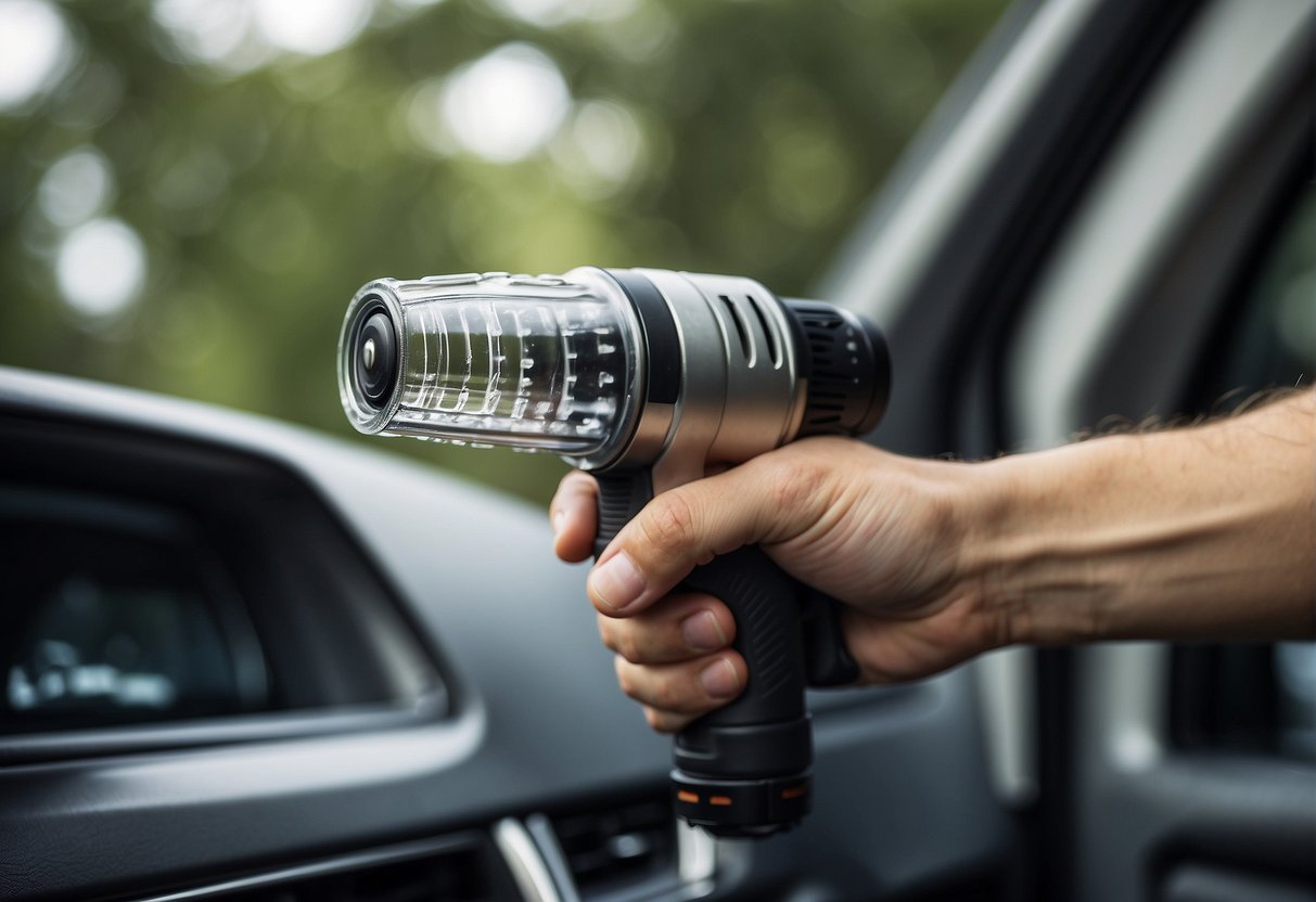 A hand holding a boomless spray nozzle, attaching it to a mounting bracket on a vehicle. Tools and hardware are scattered nearby