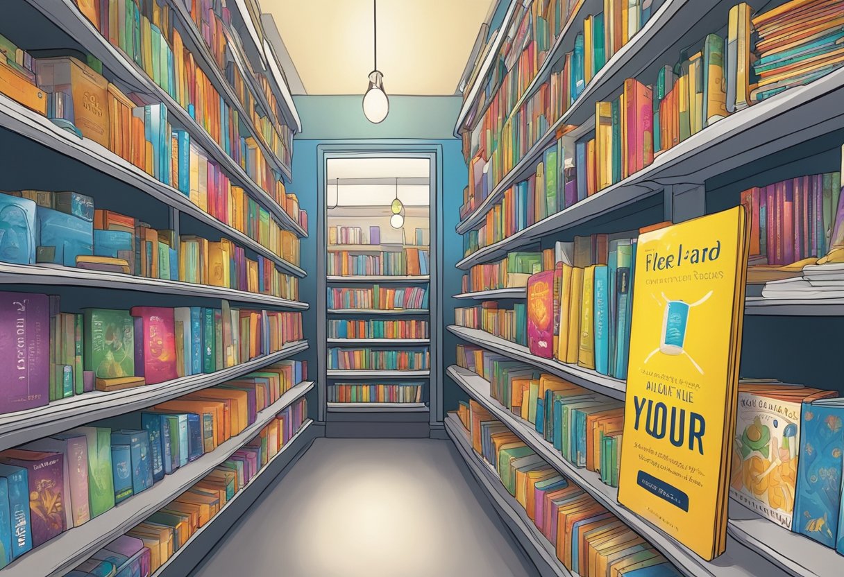 A colorful book cover stands out on a crowded shelf, surrounded by eye-catching promotional materials. A banner overhead highlights a special offer for young adult readers