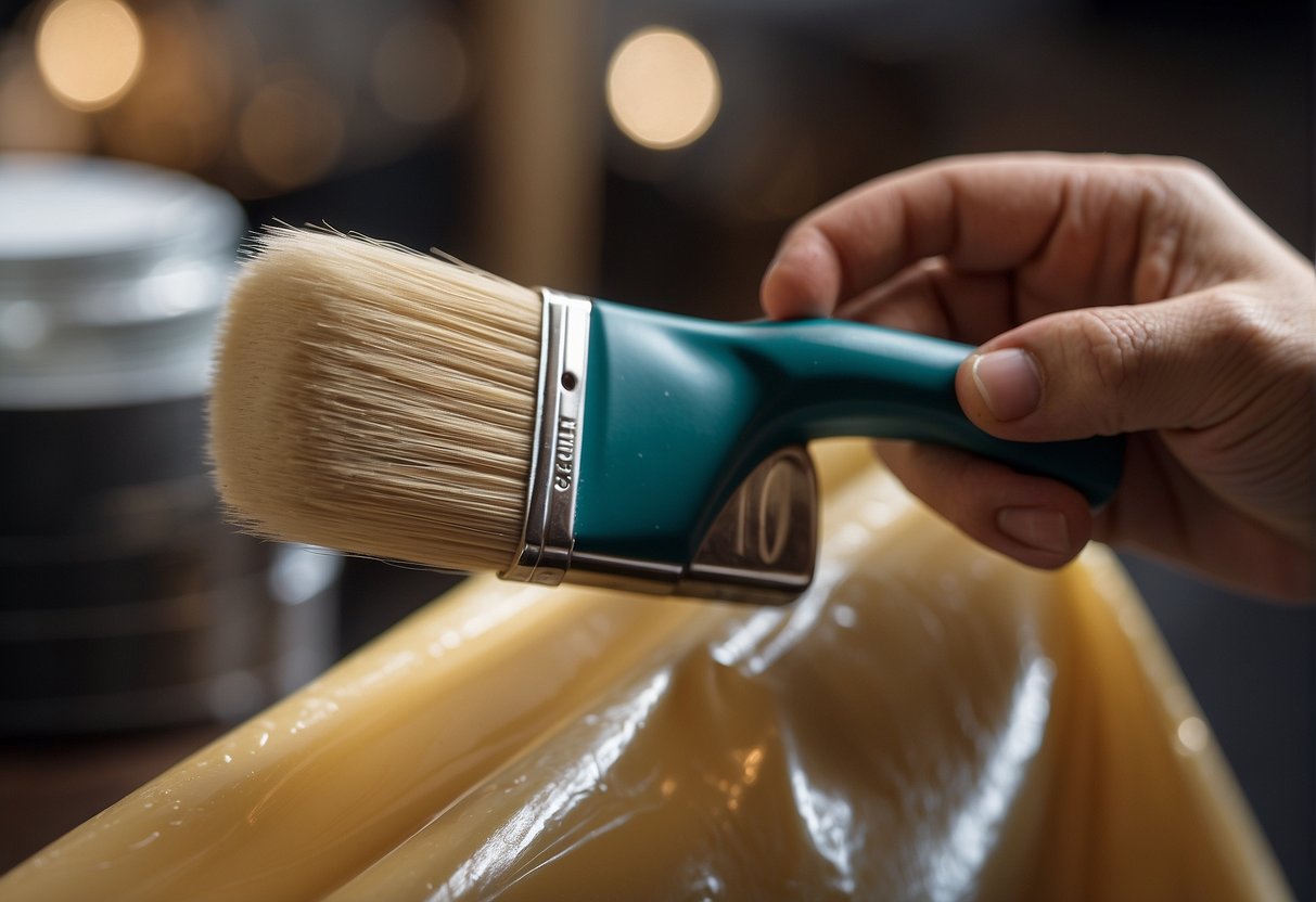 A hand holds a brush, applying semi-gloss polyurethane over satin finish. Cans and tools sit nearby on a drop cloth