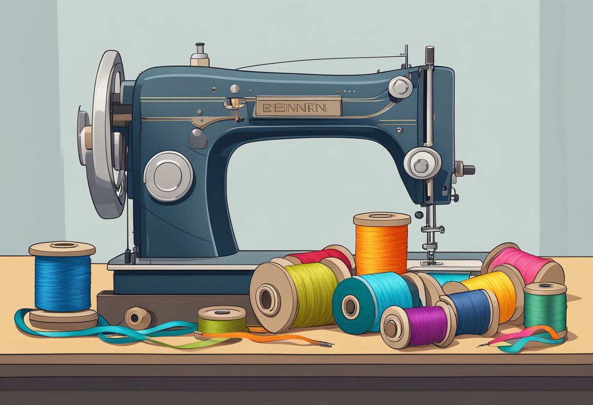 A beginner's sewing machine sits on a clean, well-lit table, surrounded by colorful spools of thread, fabric scraps, and a simple pattern