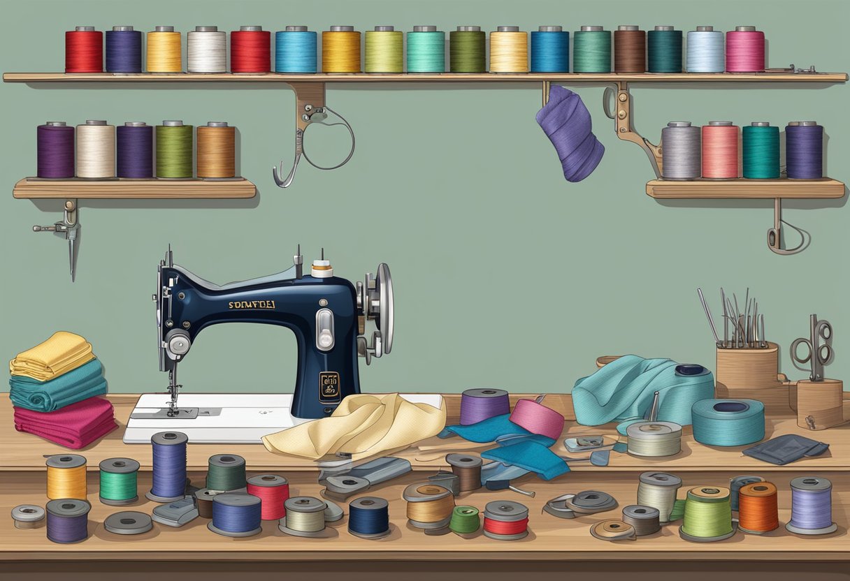 A table with various types of sewing machines, including mechanical and computerized models, surrounded by fabric swatches and sewing accessories
