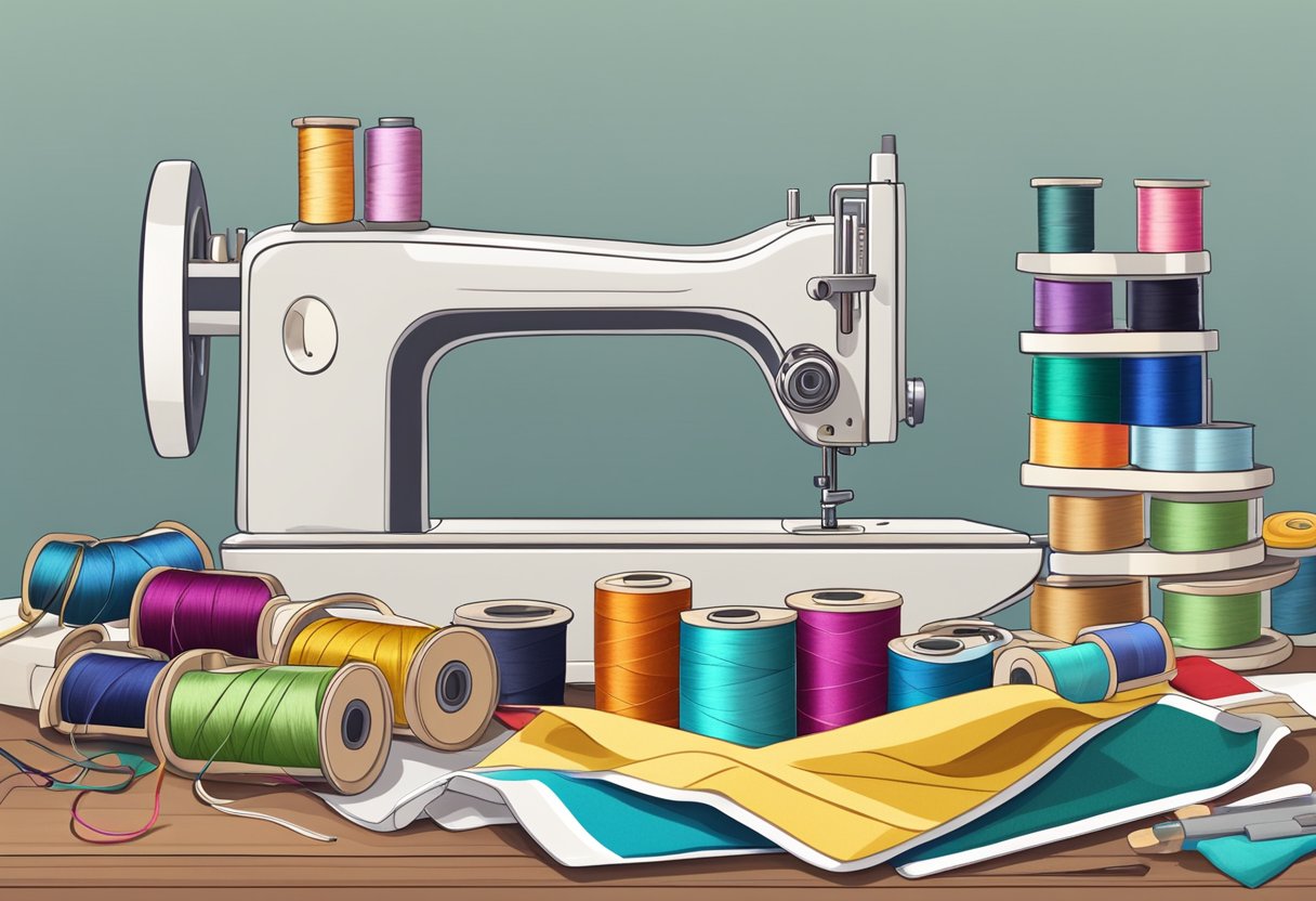 A beginner's sewing machine on a clean, well-lit table with various fabric scraps and colorful thread spools nearby
