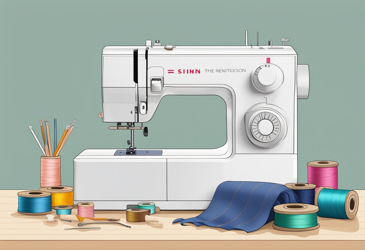 A beginner-friendly sewing machine sits on a clean, well-lit table with thread spools and fabric nearby