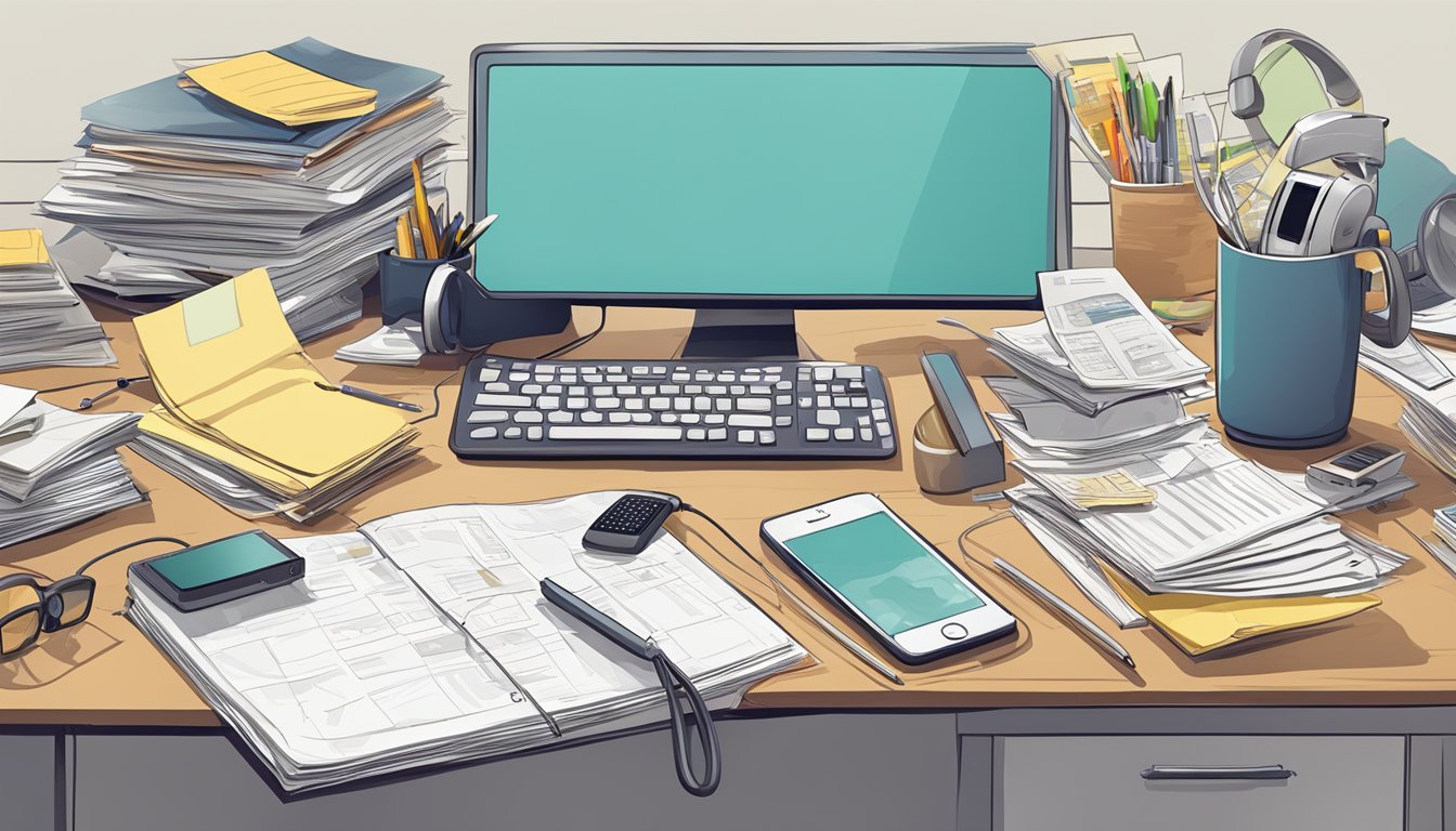 A cluttered desk with scattered papers, a ringing phone, and a computer screen displaying a busy schedule
