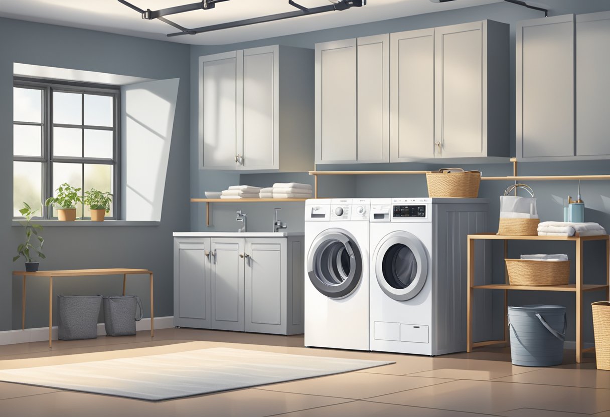 An industrial washing machine in a spacious, well-lit laundry room