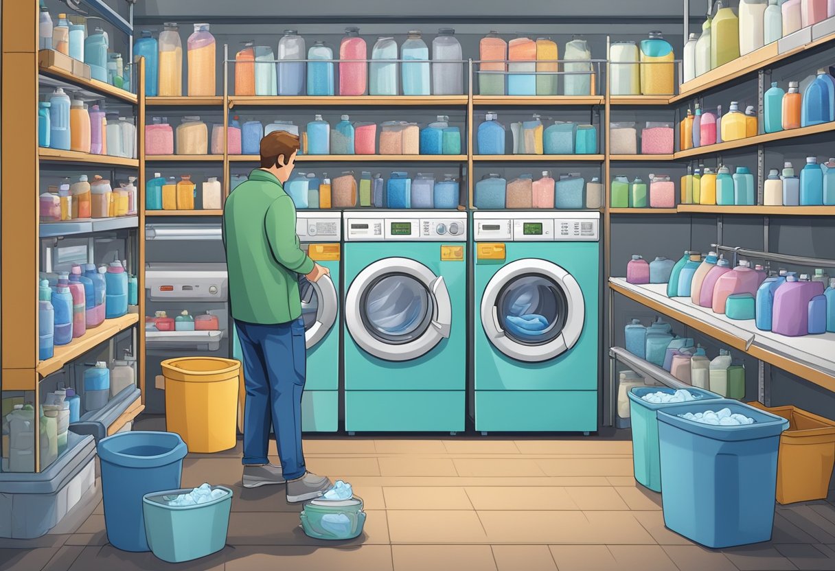 A commercial washing machine surrounded by shelves of detergent and fabric softener, with a worker inspecting its controls