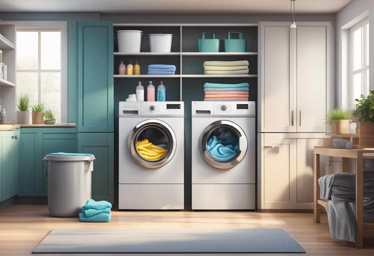 A modern industrial washing machine in a spacious, well-lit laundry room, surrounded by various laundry detergents and fabric softeners on shelves