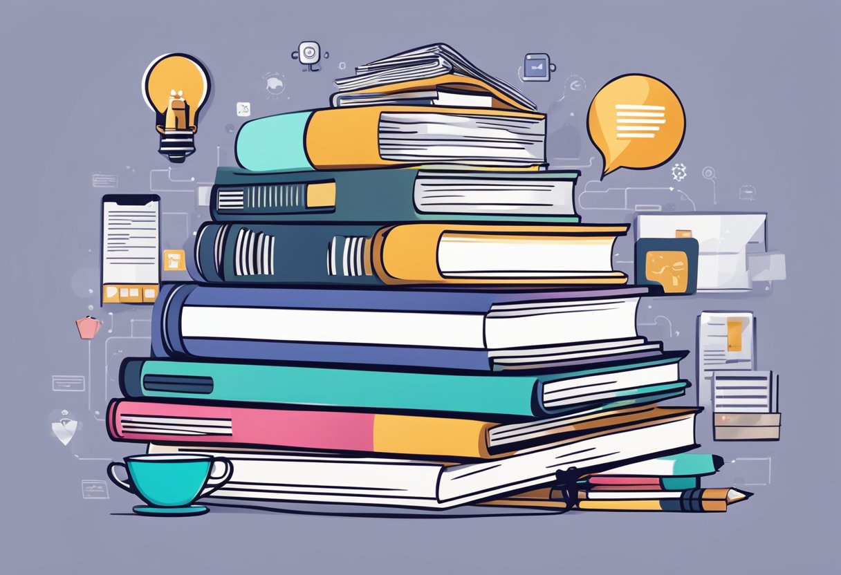 A stack of books surrounded by digital marketing tools and social media icons. Marketing experts brainstorming strategies in a modern office setting