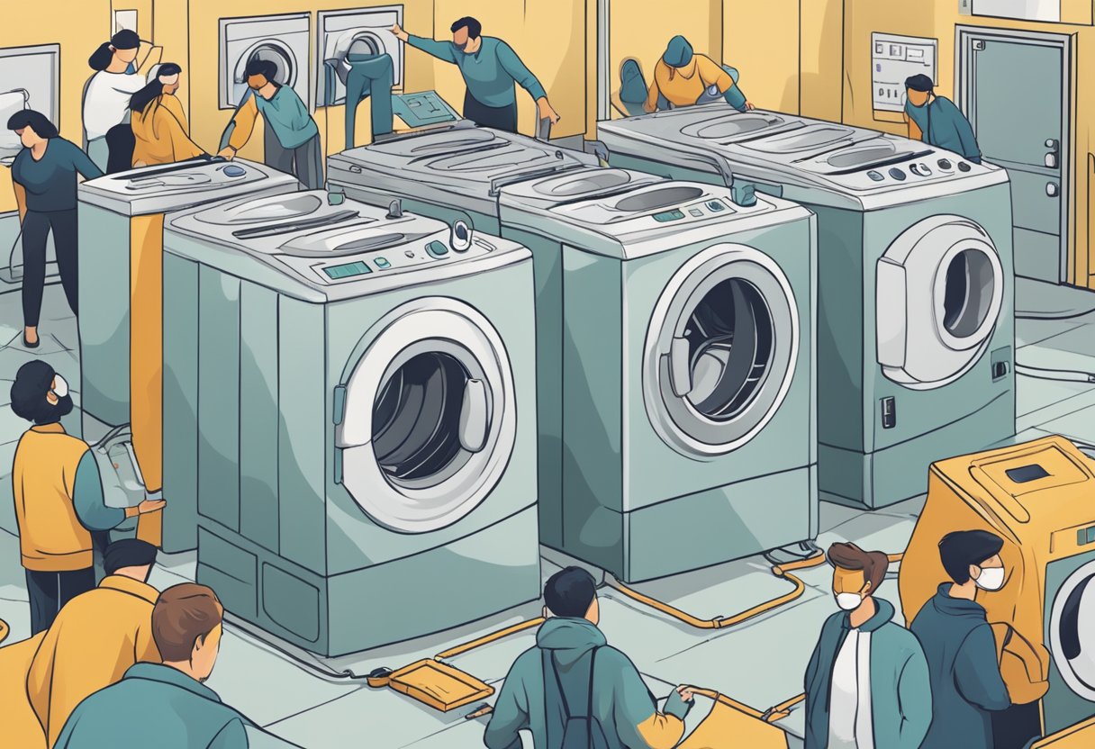 An industrial washing machine surrounded by a group of people with question marks above their heads