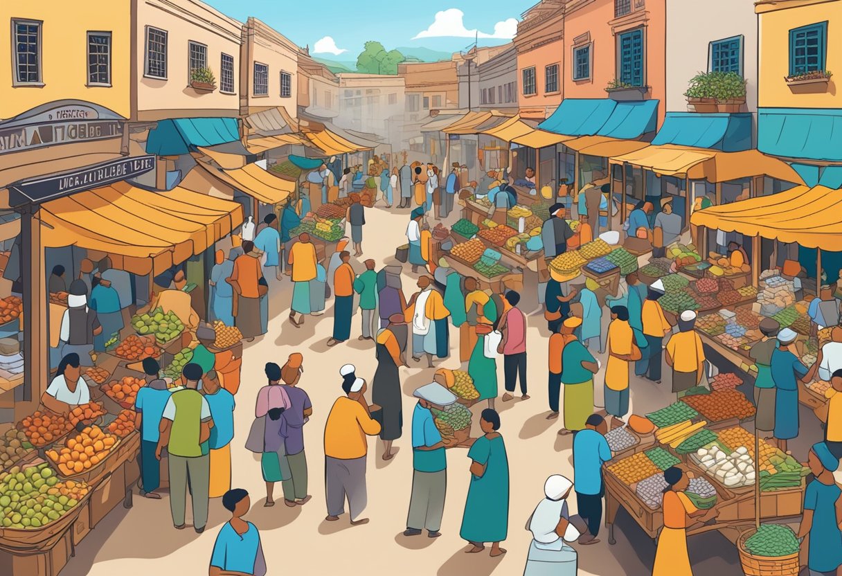 A bustling marketplace with vendors selling goods, customers haggling, and a lively atmosphere, illustrating perceived market value