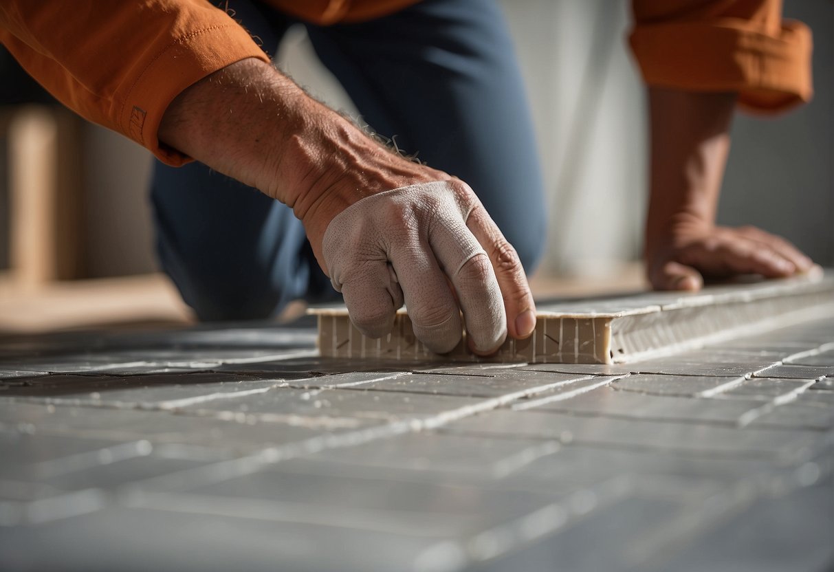 A person applies redgard seam tape to cement board during tile installation