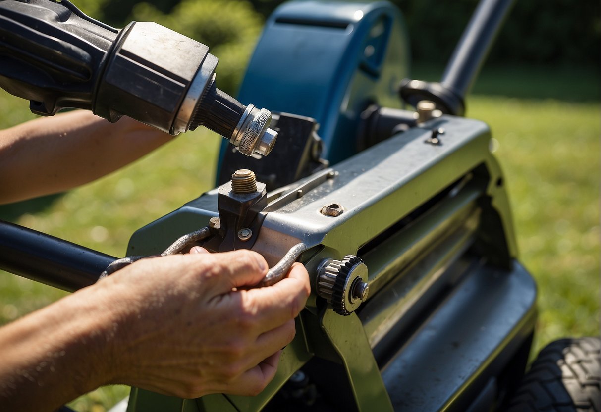 Adjust hydrostatic drive: Turn off mower. Locate adjustment bolt on transmission. Use wrench to loosen bolt. Turn adjustment nut clockwise to increase speed, counterclockwise to decrease. Tighten bolt