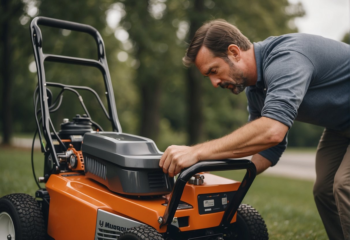A technician adjusts the hydrostatic drive on a Husqvarna mower, using a wrench to fine-tune the settings