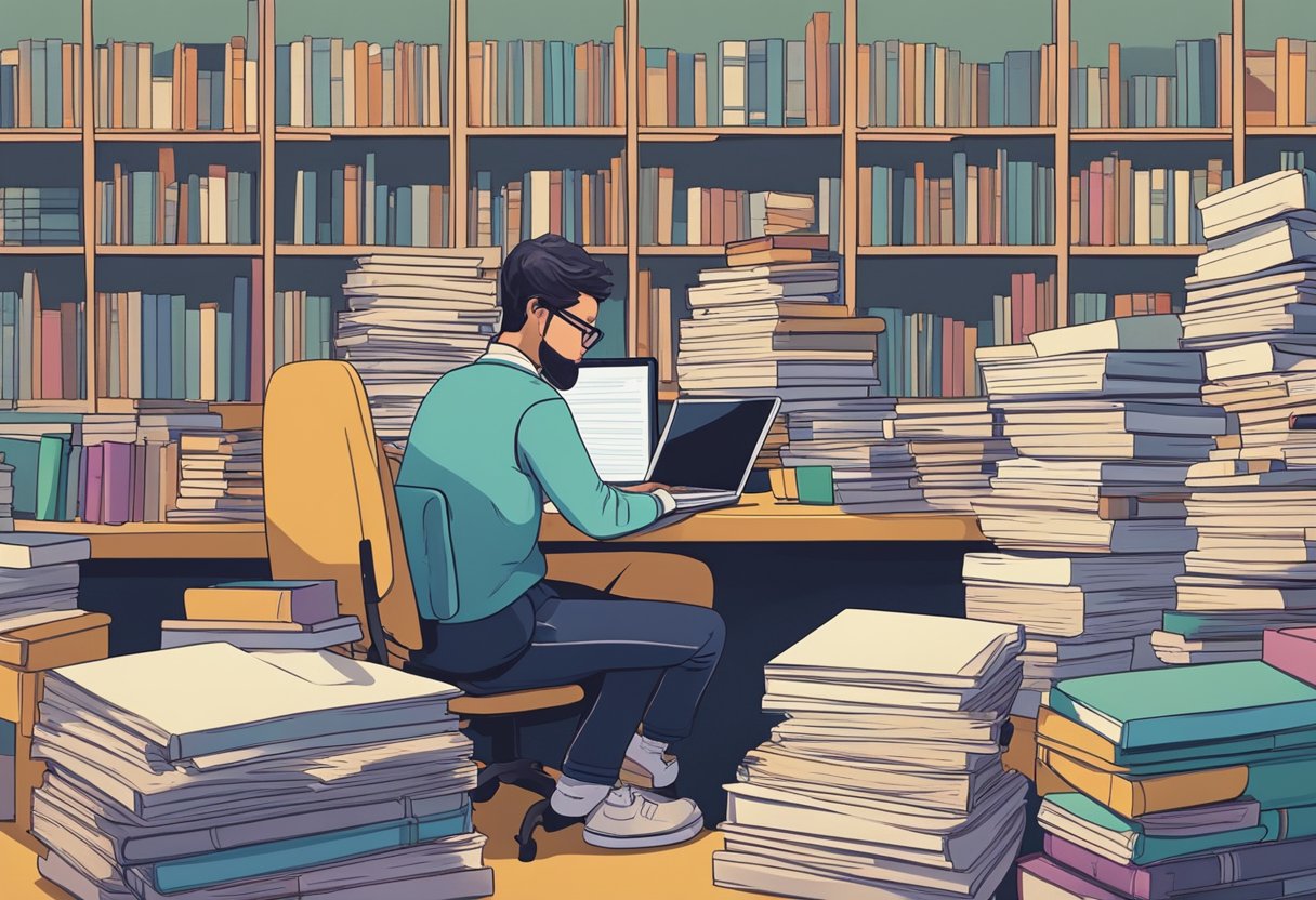 A person types on a laptop surrounded by stacks of books and papers. A printer hums in the background, producing copies of their self-published work