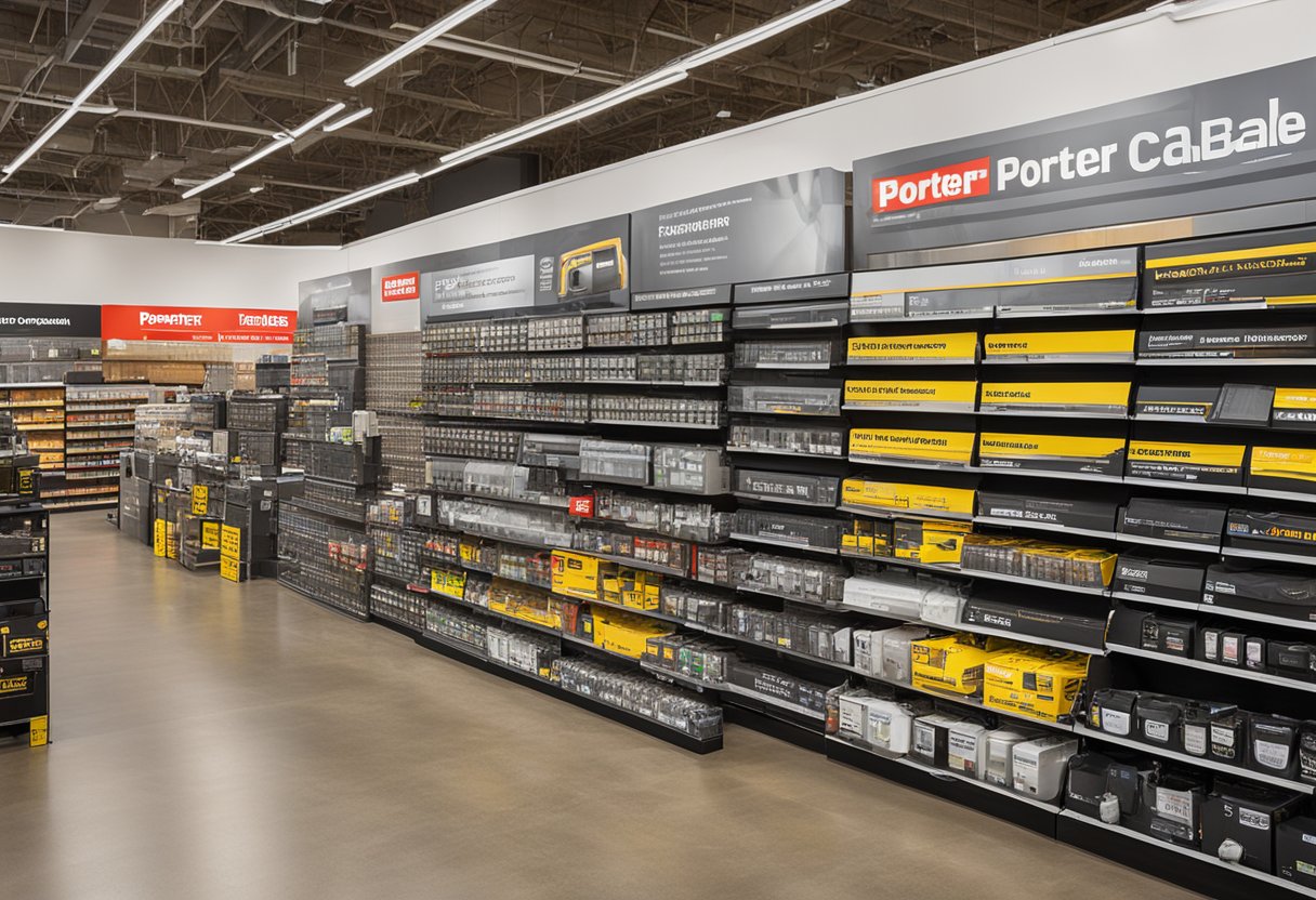 A hardware store display with prominent signage for Porter Cable products