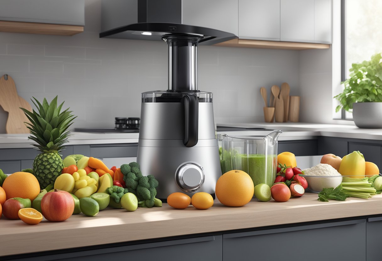 A sleek, modern kitchen with a futuristic blender on the counter, surrounded by fresh fruits and vegetables