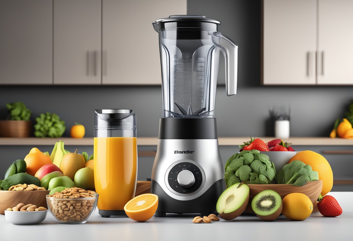 A modern kitchen with a sleek, high-powered blender sitting on the counter, surrounded by fresh fruits, vegetables, and a variety of nuts and seeds