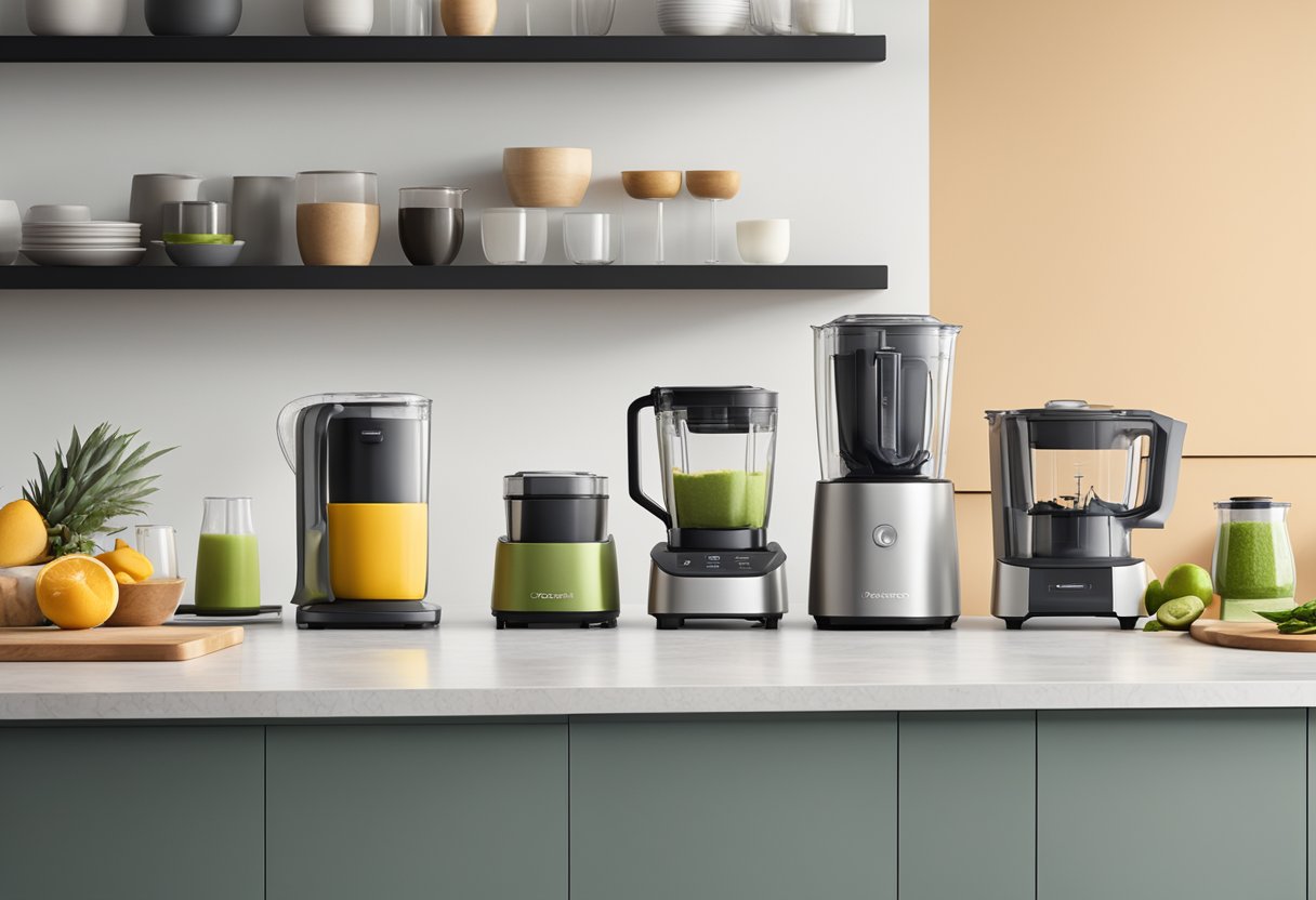A sleek, modern kitchen counter with the latest 2023 blender models displayed in a row, showcasing their innovative designs and features