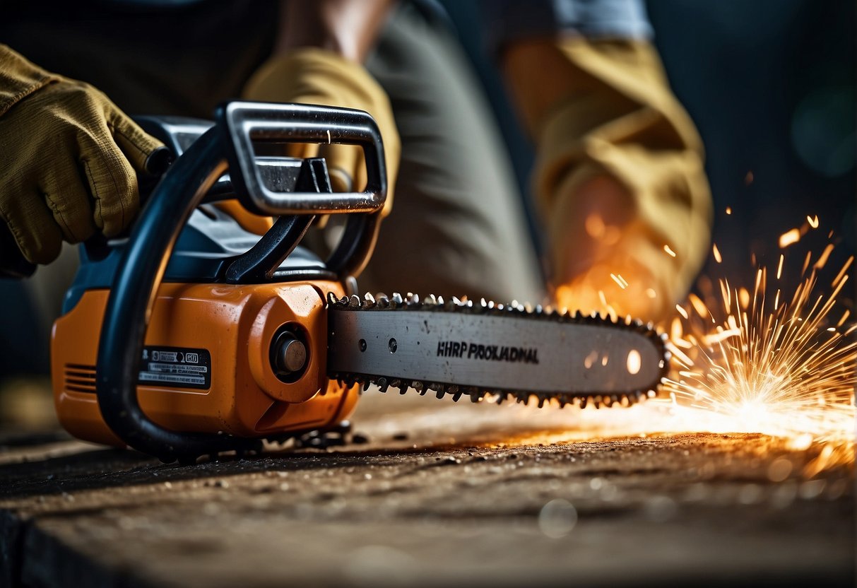 A chainsaw chain is being sharpened with a file, held at a consistent angle against the teeth, creating sparks as the metal is honed